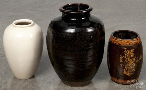 Three pieces of Asian pottery, to include a brown speckle glazed Japanese vase, 12 1/4'' h.