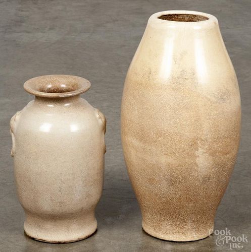 Two antique Chinese pottery vases with ivory glaze and heavy crazing, 9 1/4'' h. and 13 1/4'' h.