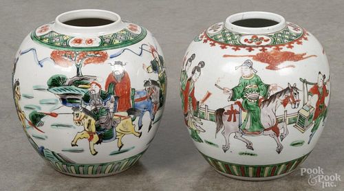Two Chinese famille verte ginger jars, to include one with a home and courtyard scene