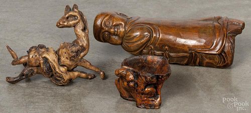 Chinese figural bamboo pillow, 3 3/4'' h., 12 1/2'' l., together with a burlwood brush washer, 3'' h.
