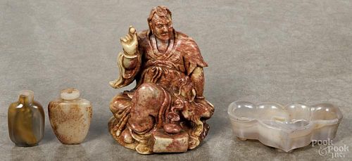 Chinese hardstone figural group of a man and dog, 6 1/4'' h., together with a jade brush washer