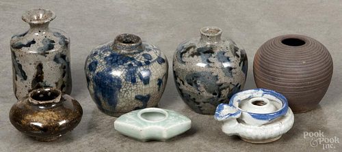 Six assorted Japanese and Chinese stoneware water pots, together with a porcelain example