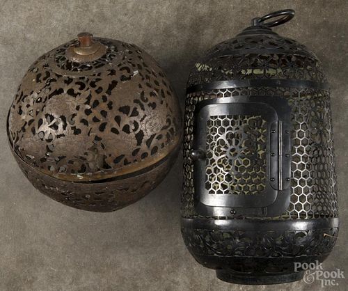 Two Japanese floral openwork lanterns, to include a brass sphere, Edo period, 8'' dia.