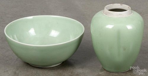 Japanese celadon glazed porcelain vase, 7 1/2'' h., together with a celadon bowl