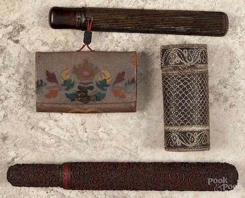 Japanese gilt lacquer pipe case and painted leather tobacco pouch with an associated kiseru pipe