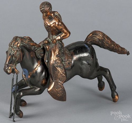 Bronzed clock garniture, early 20th c., of a horse and rider, 13'' h.