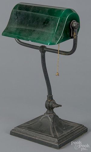 E. S. Roberts, bronzed desk lamp, early 20th c., with a cased green shade, 16 3/4'' h.