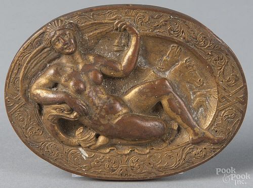 Brass wall plaque of a nude woman, 19th c., with a horse in the background, 4 1/4'' w.