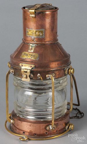 Copper and brass Anchor ship's lantern, ca. 1900, 13 1/2'' h.