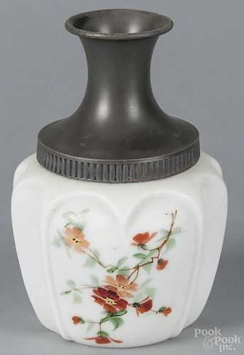 Floral enameled milk glass vessel, 20th c., 8'' h.