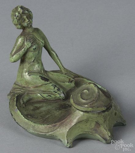 Art Deco spelter inkwell of a woman, early 20th c., 3 3/4'' h.