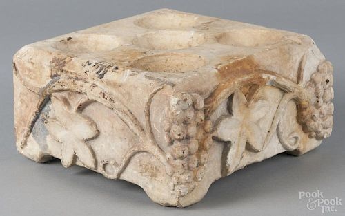 Marble fireplace tool rest, 19th c., 5 1/2'' h., 9 1/2'' w. Provenance: DeHoogh Gallery, Philadelphia.