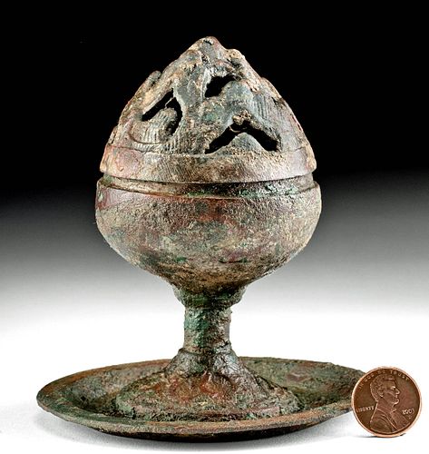 Chinese Han Dynasty Leaded Bronze Stemmed Censer w/ Lid