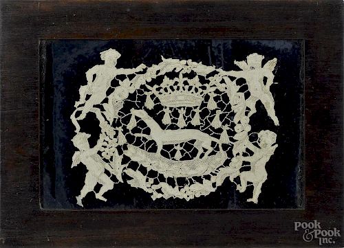 French or Italian needlepoint lace armorial mat featuring a hound underneath a crown