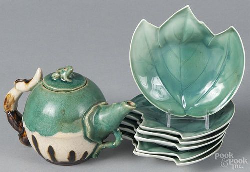 Set of six porcelain leaf-form dishes, 5'' w., together with a green glazed Japanese stoneware teapot