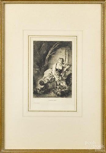 French etching, titled L' Heureuse Mere, 10 1/2'' x 6 3/4''.