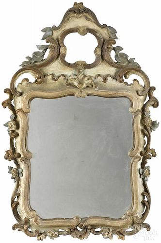 Painted French gessoed Rococo mirror, 18th c., with applied floral carving, overall - 31 1/2'' h.