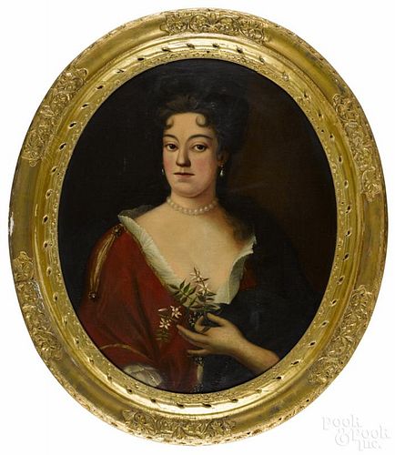 English oil on canvas portrait of a woman, 19th c., holding a floral sprig, 29'' x 24''.
