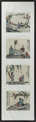 Four Chinese story watercolors in a single frame, overall - 77 1/2'' x 23 1/4''.