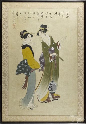 Japanese watercolor of Geisha girls, 41 1/2'' x 28 1/4''.