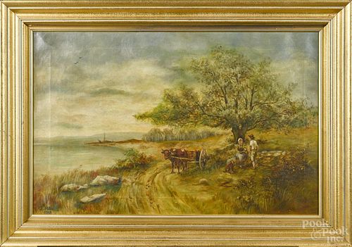Continental oil on canvas landscape, signed J. Hawks 1908, depicting a courting couple and an oxen