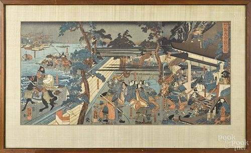 Japanese woodblock print in three panels, early 20th c., 14 1/2'' x 29 1/2''.