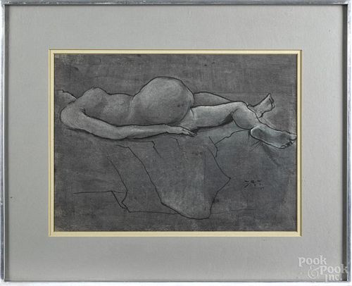 Pencil and graphite sketch of a nude, signed indistinctly, 11 1/2'' x 15 1/2''.