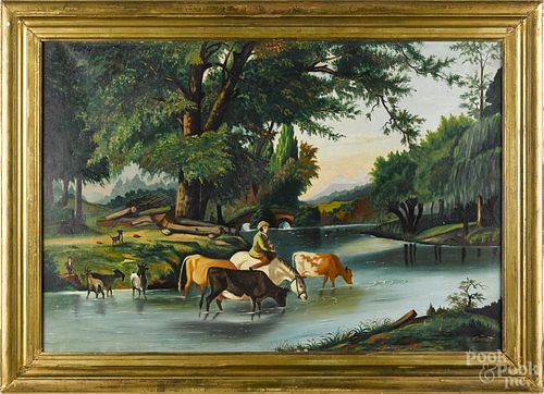 Continental oil on canvas landscape, signed W. D. Hains 1858 lower right, 23 1/2'' x 35''.