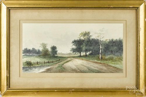 Watercolor landscape of a country road, early 20th c., signed indistinctly lower left, 12'' x 23''.
