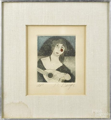 Peter Barger, signed artist proof, mid 20th c., of a woman playing a mandolin, 7'' x 6''.