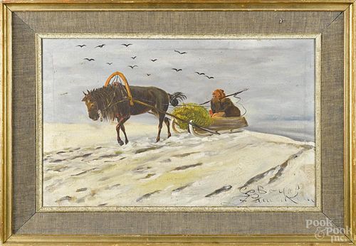 Continental oil on canvas winter landscape, ca. 1900, of a horse drawn sleigh, signed indistinctly