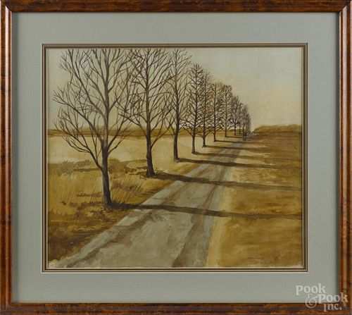 Watercolor landscape with a row of trees, signed indistinctly lower right, 18'' x 21 1/2''.