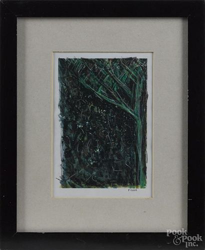 Charcoal and printed work, signed Brandon Fisher, titled Trees in the Dark, dated 2008