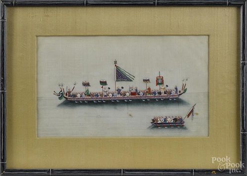 Chinese oil on silk with boats, 7'' x 12''.