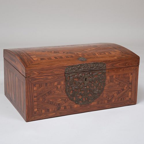 Continental Metal-Mounted Rosewood Parquetry Domed Travelling Box, Possibly North Italian