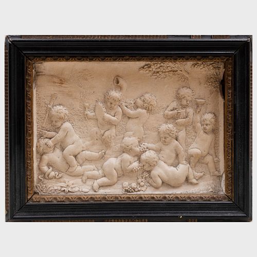 French Terracotta Relief Panel of a Putti Bacchanal