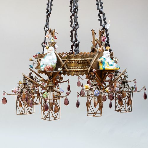 Orientalist Gilt-Metal-Mounted Glass and Porcelain Chandelier