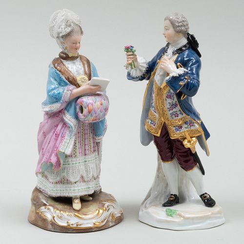 Meissen Porcelain Figure of a Gentleman in a Blue Coat and a Lady with a Muff