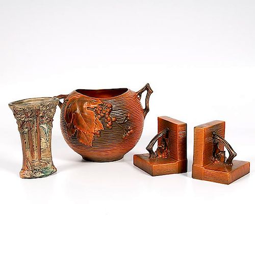 Roseville Pottery Vase and Bookends, Plus 