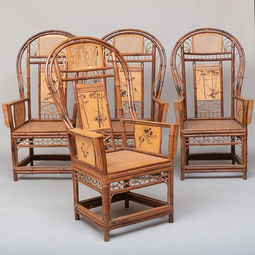 Set of Four Large Chinese Bamboo and Painted Armchairs