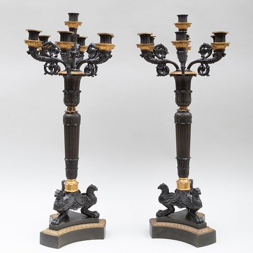 Pair of Charles X Style Gilt and Patinated-Bronze Five-Light Candelabra