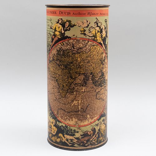 Transfer Printed Tin Umbrella Stand with Map of the World by Alexis-Hubert Jaillot
