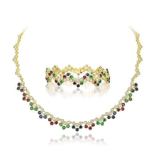 Emerald Sapphire Ruby and Diamond Necklace and Bracelet Set, French