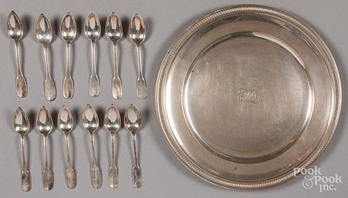 Twelve French silver grapefruit spoons & tray
