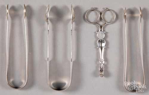 Georgian silver scissor tongs & three other tongs