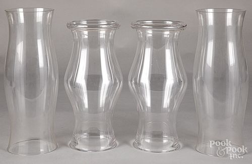 Two pairs of glass hurricane shades & candlestick