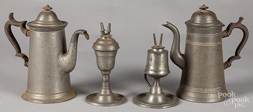 Two American pewter coffee pots, 19th c.