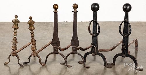 Three pairs of brass and iron andirons, 19th c.