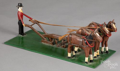 Carved and painted farmer and plow team, ca. 1930