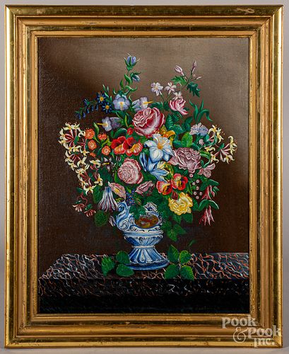 Oil on canvas floral still life, early 20th c.